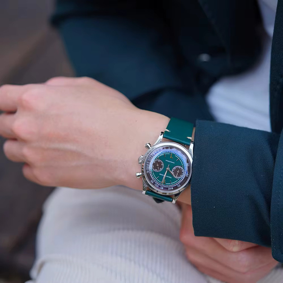 FARASUTE Chronograph Armbanduhr, Quarz, Saphirglas, Grün, Leder, Herren - Bild 4