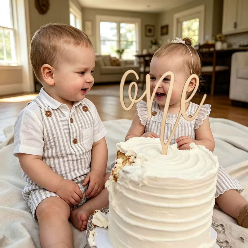 WOHLTAO Torten-Topper ONE aus Holz in Braun für den ersten Geburtstag und Babypartys - Bild 1