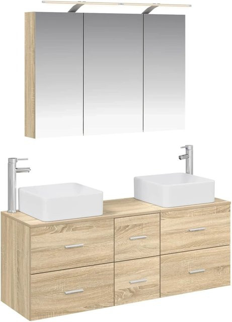 vidaXL Badezimmermöbel-Set 4-teilig in Sonoma-Eiche und Weiß mit Spiegelschrank, Wandschrank, LED-Beleuchtung und Glas, modern - Bild 1