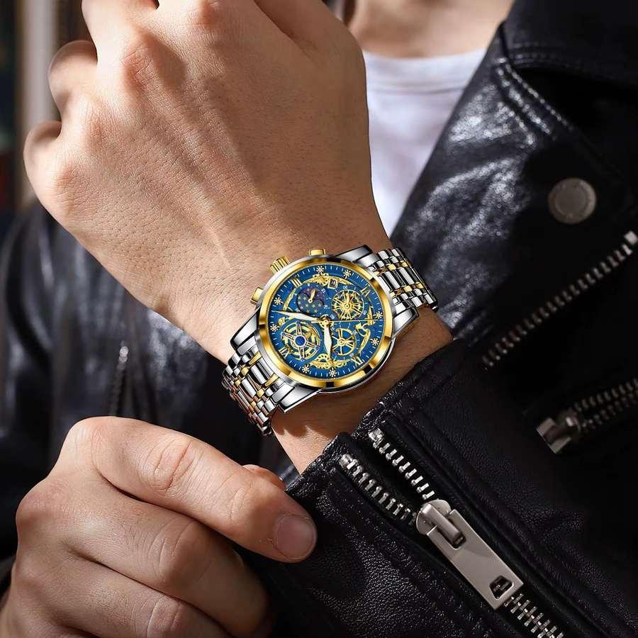 POEDAGAR Armbanduhr Chronograph, Quarz, Edelstahl, Blau, Herren - Bild 6