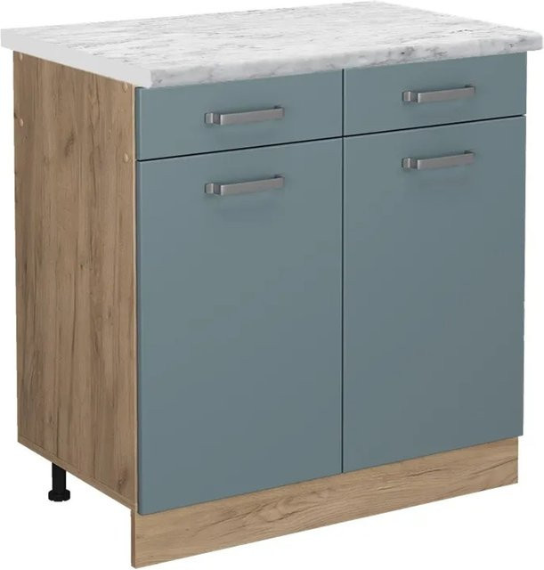 Vicco Küchenunterschrank R-Line Schubladenschrank in Blau-Grau mit Marmor-Optik, Breite: 80 cm - Bild 1