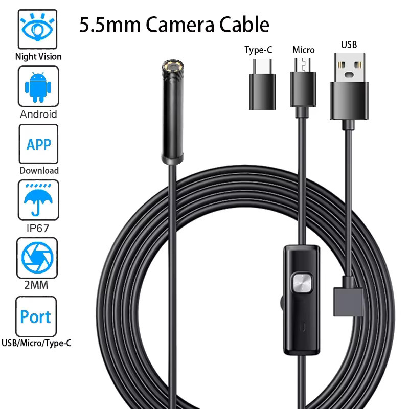 Clodrain 3in1 Android Endoskop Kamera mit Micro USB und USB Typ C, 5,5 mm Mini Kamera mit LED und Wasserdichtigkeit in Schwarz für Auto Inspektion und PC - Bild 2