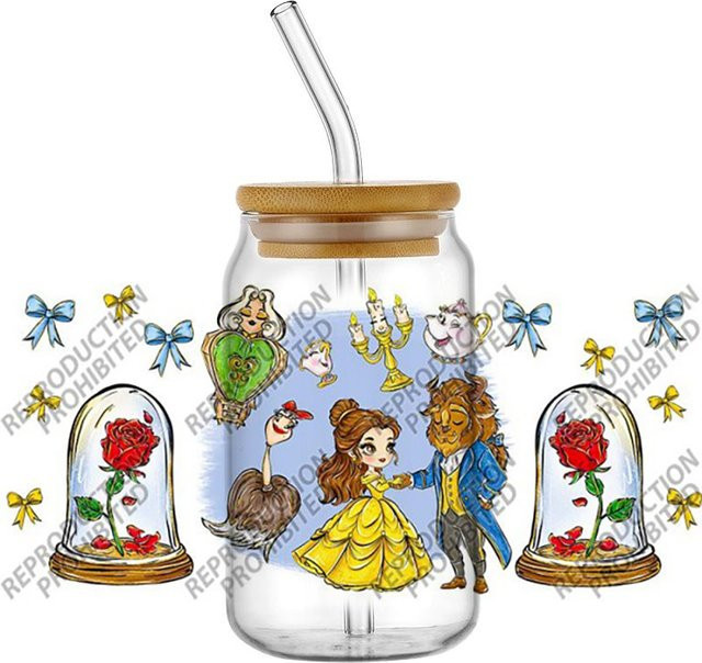 UV DTF Becher-Wrap-Transferaufkleber Die Schöne und das Biest für 16OZ Libbey Glasdosen, Multicolor - Bild 1