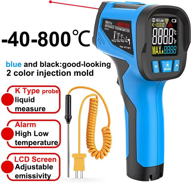 Mestek Digitales Infrarot-Thermometer Blau - Berührungsloses Laser-Temperaturmessgerät mit Pyrometer und Hygrometer für Messbereiche von -50 bis 800 Grad - Bild 1