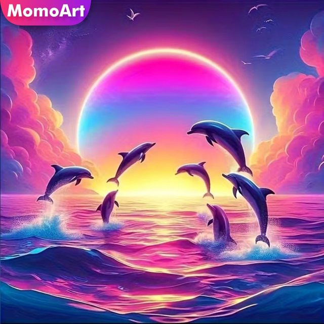 Momoart Diamant-Stickerei Delfin im Sonnenuntergang als DIY-Mosaik-Bild, Mehrfarbig, B/B/B: 20 x 20 x 20 cm - Bild 1