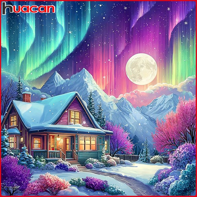 Huacan 5D-Diamantgemälde Aurora Mountain Winter Landschaft als Diamant-Mosaik zur Heimdekoration in Mehrfarbig, Breite: 20,0 cm, Höhe: 20,0 cm - Bild 1