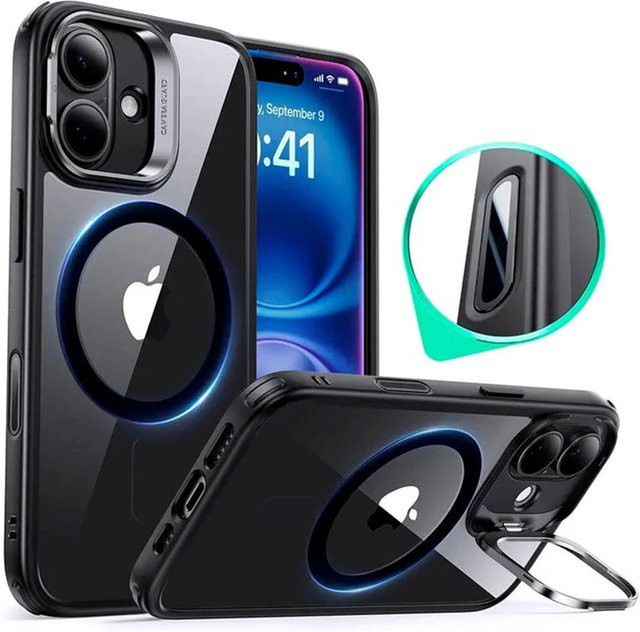 ESR MagSafe Hülle Classic Hybrid Kickstand Slide für Apple iPhone 16, Schwarz Transparent - Bild 1