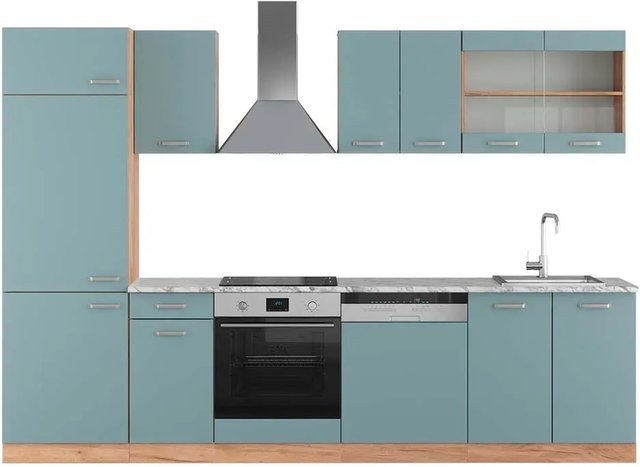 Vicco R-Line Küchenzeile Blau-Grau und Goldkraft Eiche, moderne Küchenzeile mit Marmor-Optik, B/T/H: 300 x 60 x 207 cm - Bild 1
