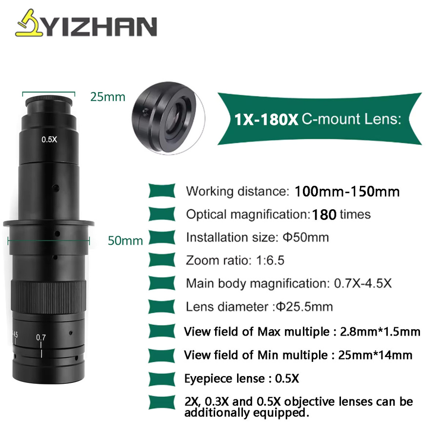 YIZHAN Digitales 4K Mikroskop mit 1/1,8 Zoll IMX678 Sensor, 180-fachem Zoom, 150-facher C-Mount-Objektive, Schwenkarm und Messfunktion in Schwarz - Bild 6