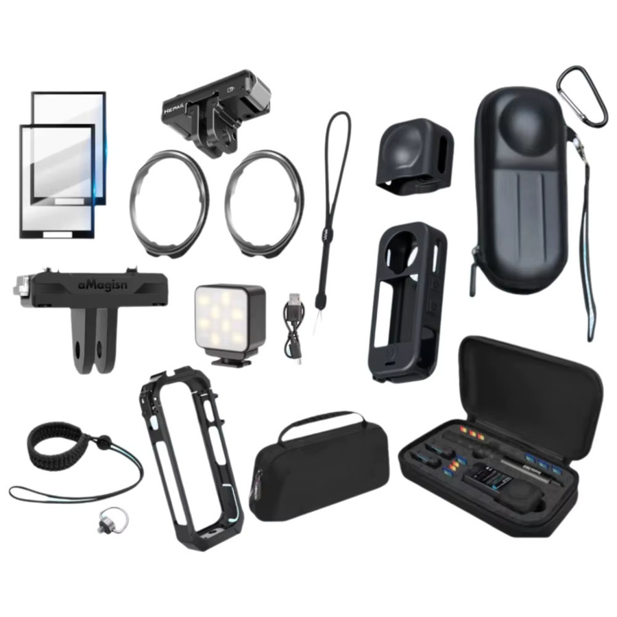 DJI Insta360 X4 Air Zubehör-Set in Schwarz mit Displayschutzfolie, Objektivschutz, Silikon-Schutzhülle, Metall-Magnetadapter, Rahmenkäfig und Beleuchtung - Bild 2