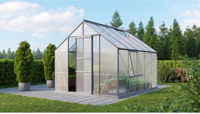 Vitavia Gewächshaus Meridian 1 mit Aluminiumrahmen, Polycarbonat-Platten und Satteldach inklusive Vorzugsset mit Seitenfenster, Dachfenster und Regenrinnen - Bild 1