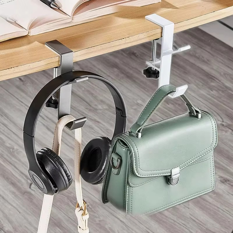 Mehrzweck-Schreibtischkante mit Doppelhaken in Schwarz aus Metall zur Rucksack-Aufbewahrung und als Tisch-Organizer für Büro und Zuhause - Bild 2