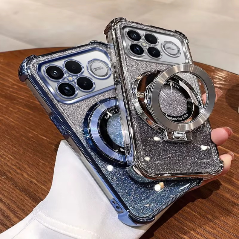 Stoßfeste Xiaomi Poco F8 Pro Ultra F7 X7 M7 Pro Handyhülle mit Magnetischer Halterung und Glitter Glanz in Pink oder Silver - Bild 3