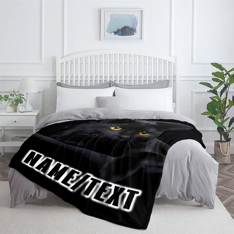 WhiskerWonders Personalisierte Flanell-Überwurfdecke mit schwarzer Katze aus weichem Polyester - Bild 3