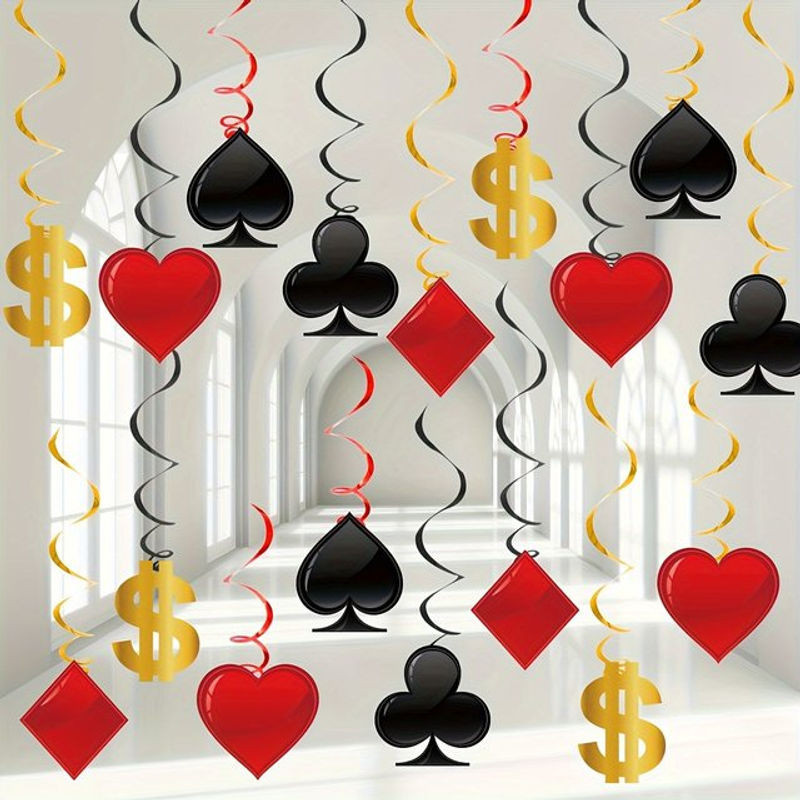 36er-Pack Casino-Partydekoration Las Vegas mit hängenden Papier-Wirbeln in Rot und Schwarz für Poker-Themenpartys - Bild 1