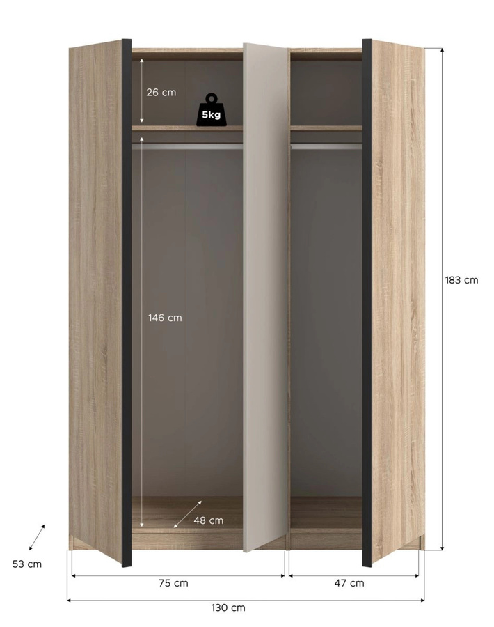 Kleiderschrank Girona 3-türig in Eiche und Kaschmir, B/T/H: 130 x 53 x 183 cm - Bild 4