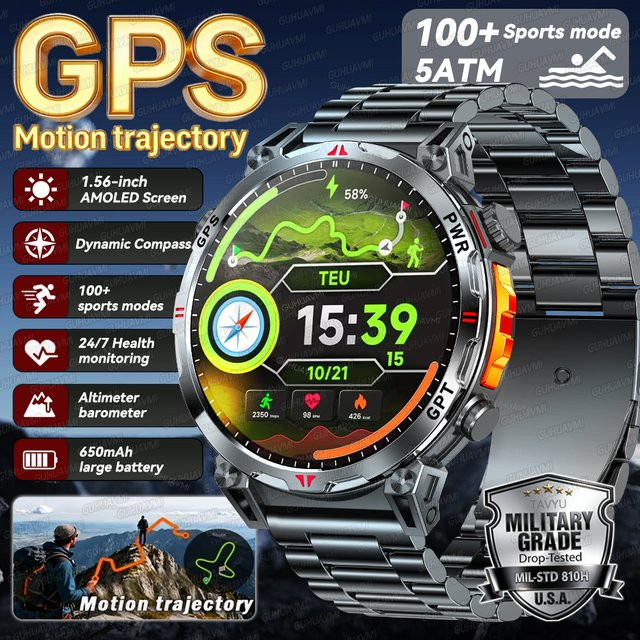 GUHUAVMI Smartwatch, Herren, Schwarz, Edelstahl, GPS, 5 ATM - Bild 1