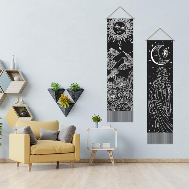 VIKAMA Doppelter Wandteppich im Boho-Stil mit Sonne, Mond und Sternen in Schwarz, B/H: 130 x 33 cm - Bild 1