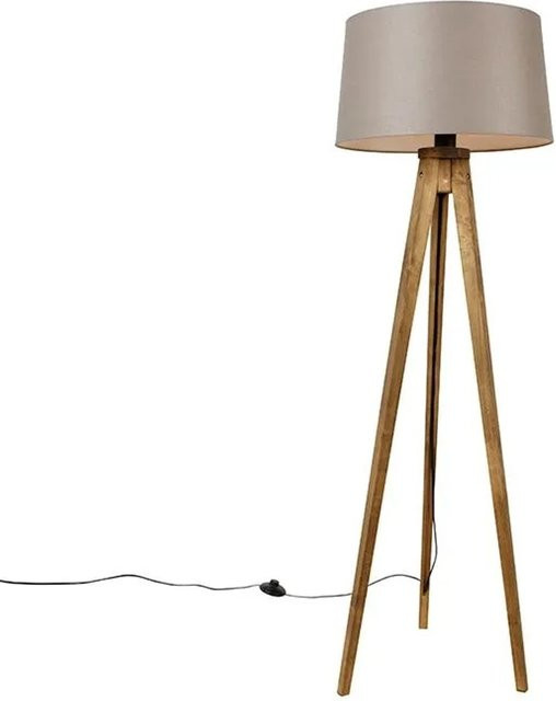 QAZQA Vintage Dreibein-Stehlampe aus Holz mit Leinenschirm in Taupe und Beige, dimmbar, Höhe: 136 cm - Bild 1
