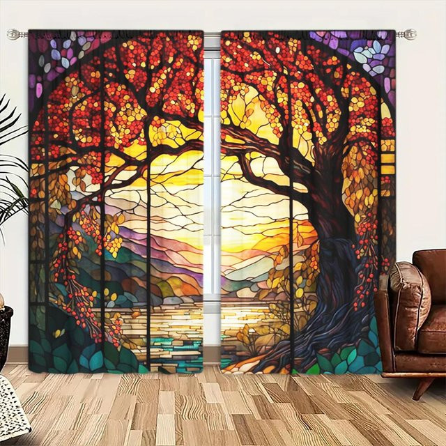 2er-Set bedruckte Vorhänge mit Farbglas-Design in Weiß und Multicolour, halbtransparent für Schlafzimmer, Büro oder Küche, B: 52,5 cm, H: 116 cm - Bild 1