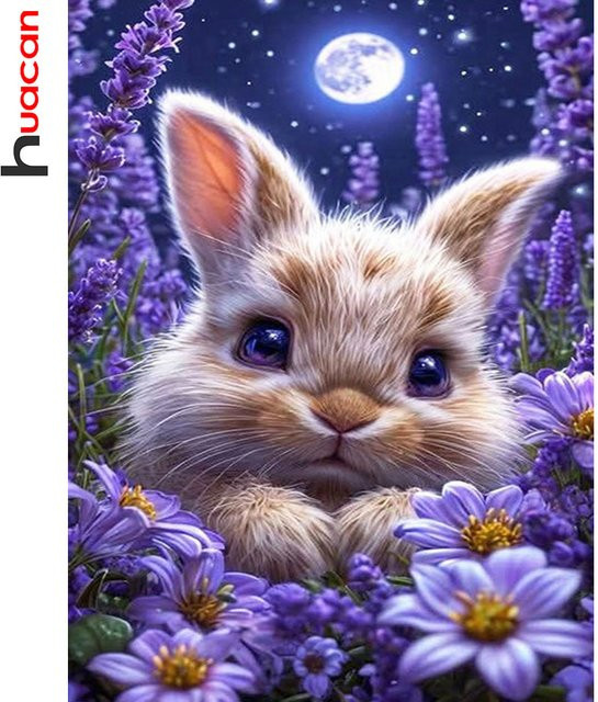 Huacan 5D DIY Diamantmalerei Hase und Mond mit Blumen als dekoratives Diamantmosaik in Mehrfarbig, Breite: 20 cm, Höhe: 30 cm - Bild 1