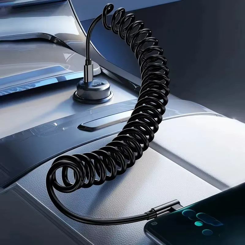 Aufrollbares 120W USB-C-zu-USB-C Schnellladekabel in Schwarz mit rechtwinkligem Anschluss für iPhone, Samsung und Xiaomi sowie Carplay-Unterstützung - Bild 2