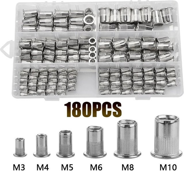 180 Stück Gewinde Nieteneinsatz Set aus 304 Edelstahl mit Flachsenkkopf in Silber für M3 M4 M5 M6 M8 M10 - Bild 1