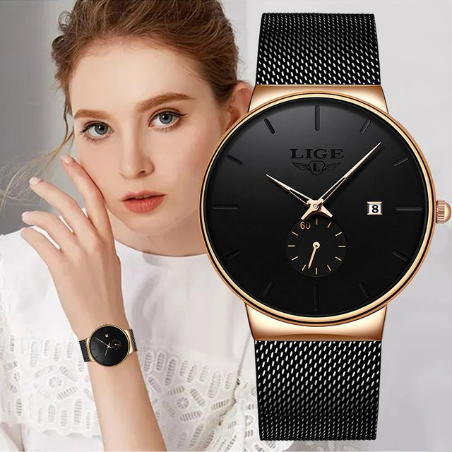 LIGE Armbanduhr Quarz, Gold, Milanaise, Damen, Analoguhr, Datum - Bild 1
