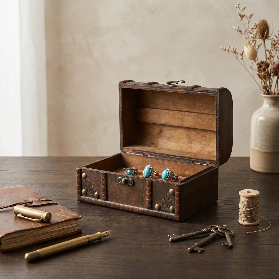 YUMULI Vintage Holz-Aufbewahrungsbox mit Metallblume in Braun als Retro Schmucktruhe - Bild 2