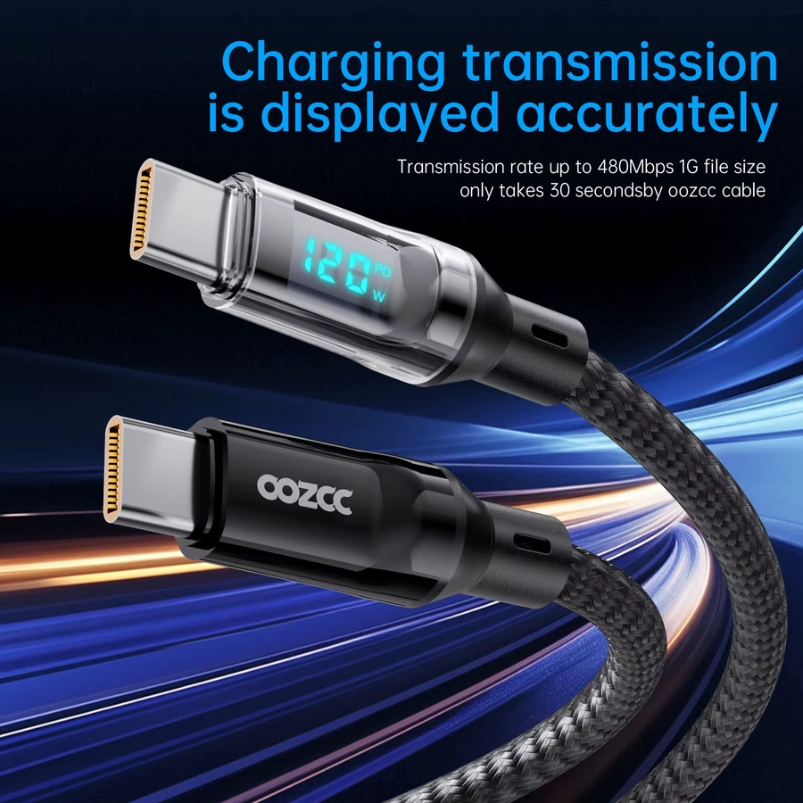 oozcc Ultra-Schnell-Ladekabel USB-A auf Typ-C mit LCD-Dynamikdisplay, 120W 6A PD-Ladekabel und Datensynchronisation aus Nylon, Schwarz, kompatibel mit Samsung - Bild 3