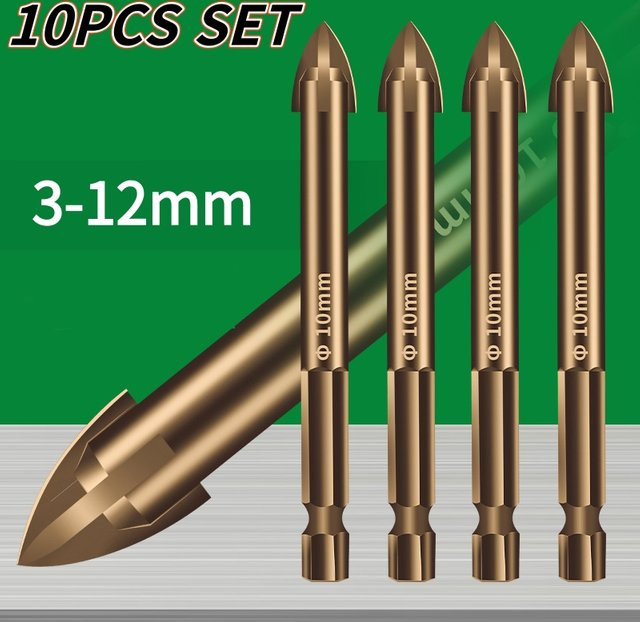 10er Set Bohrer Bits für Glas, Keramik, Fliesen, Holz und Beton mit Hartmetallspitze, Durchmesser 3-12 mm - Bild 1