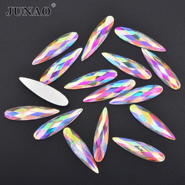 JUNAO 20 Stück Kristall-AB-Tropfen-Strasssteine in Multicolour und Transparent, B/H: 9 x 36 mm, zum Aufkleben - Bild 1
