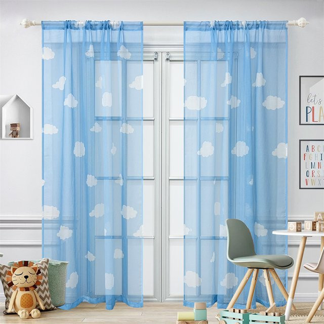 Blaue halbtransparente Vorhänge mit Wolken-Print aus Polyester für Wohnzimmer und Schlafzimmer, B/H: 160 x 107 cm - Bild 1