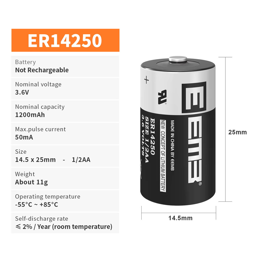 EEMB ER14250 3,6V Lithium-Batterie 1200mAh, 50 Stück nicht wiederaufladbare Batterien für Smart Meter und IoT-Sensoren - Bild 2