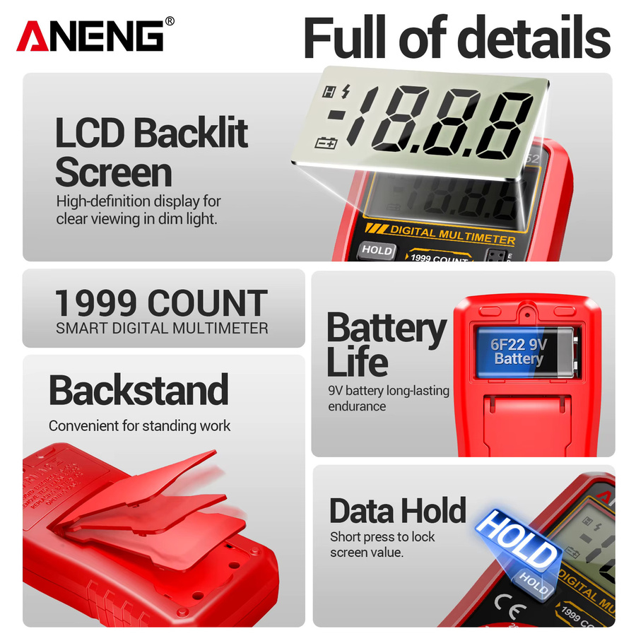 ANENG SZ852 Digitales Multimeter 600V AC/DC 10A mit Strom- Widerstands- und Diodentest, Summer, Datenhaltefunktion und Niedrigbatterie-Anzeige in Rot - Bild 3