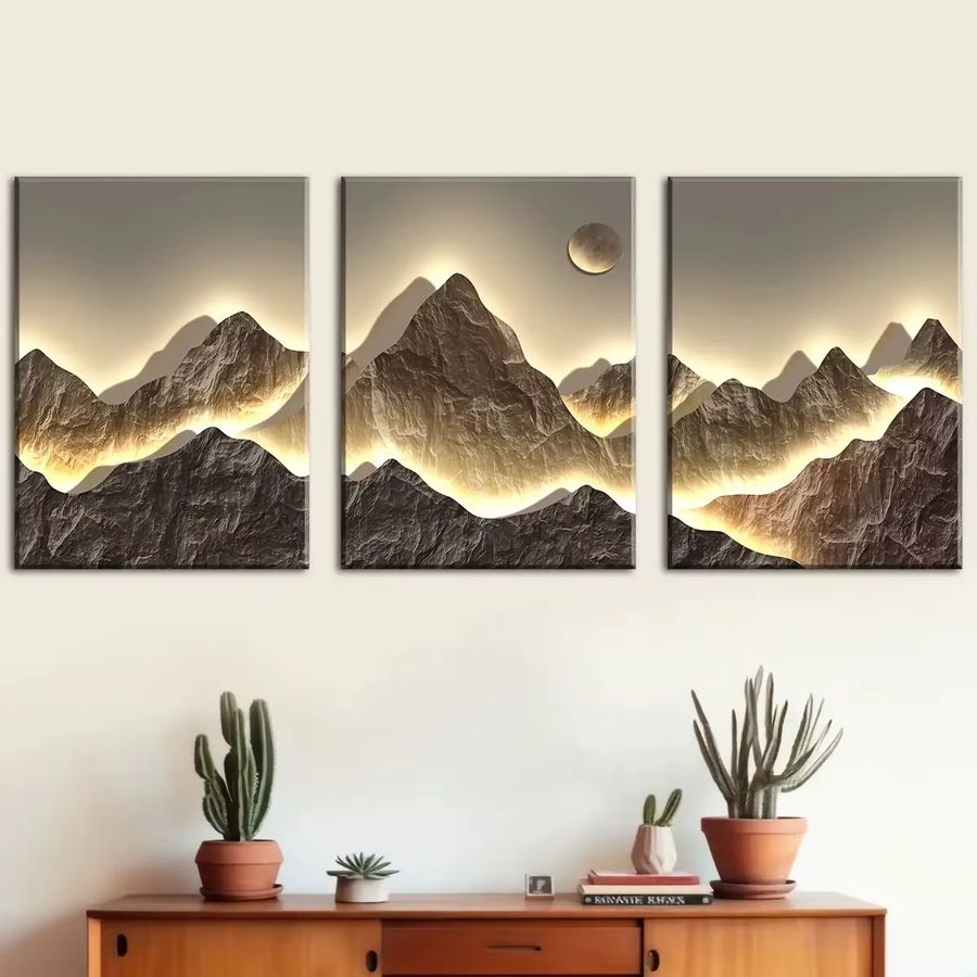 3-teiliges rahmenloses Leinwandposter mit modernem Bergmotiv in Gold und Weiß - Bild 2