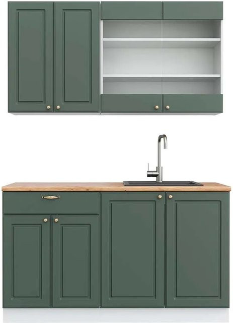 Vicco Fame-Line Singleküche im Landhausstil, Farbe Grün-Gold-Weiß mit Eiche-Optik, Breite: 140 cm - Bild 1