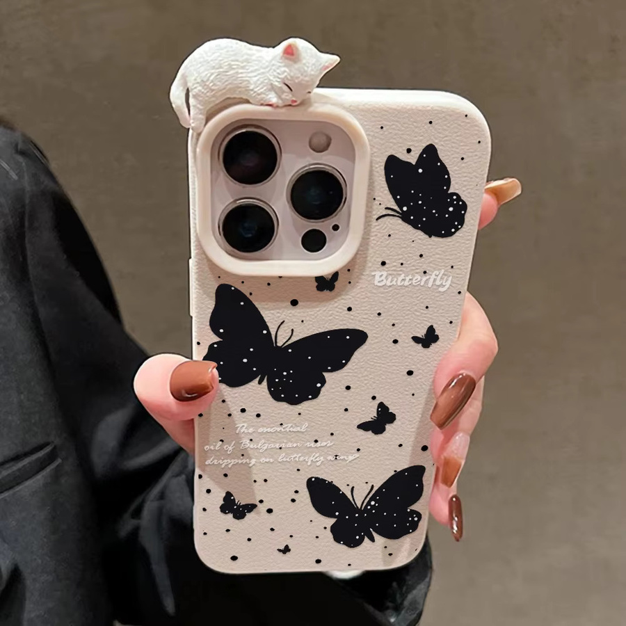 Schwarze Lychee-Ledertasche mit 3D Schmetterling und liegender Katze für dein Apple iPhone 11 12 13 14 15 16 17 Pro Max Plus und Air - Bild 3