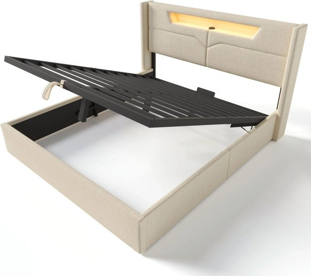 okwish Polsterbett mit LED, USB-Anschluss und Stauraum, Beige, B/T/H: 140 x 200 x 49 cm - Bild 1