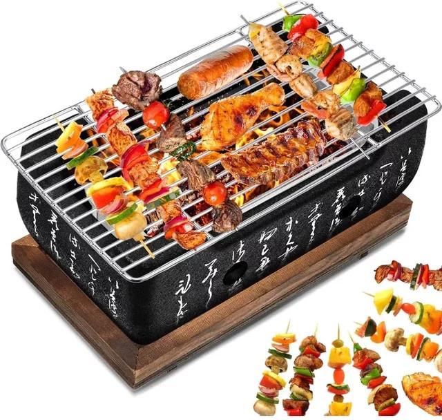 Japanischer Tragbarer Kohlegrill aus Aluminium in Silber mit Holzbasis und Grillwerkzeug - Bild 1