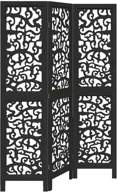 vidaXL 3-teiliger Paravent aus Paulownia-Massivholz in Schwarz mit filigranem Muster, H x B x T: 160 x 105 x 3 cm - Bild 1