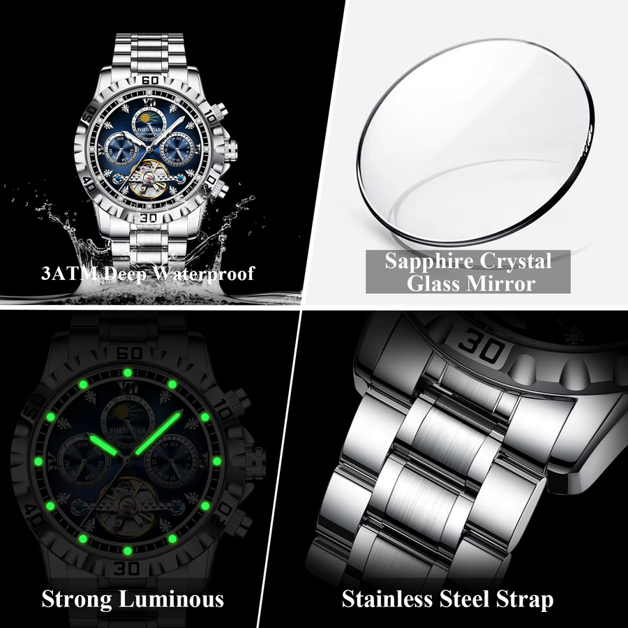 POEDAGAR Armbanduhr, Automatik, Edelstahl, Blau, Herren - Bild 4