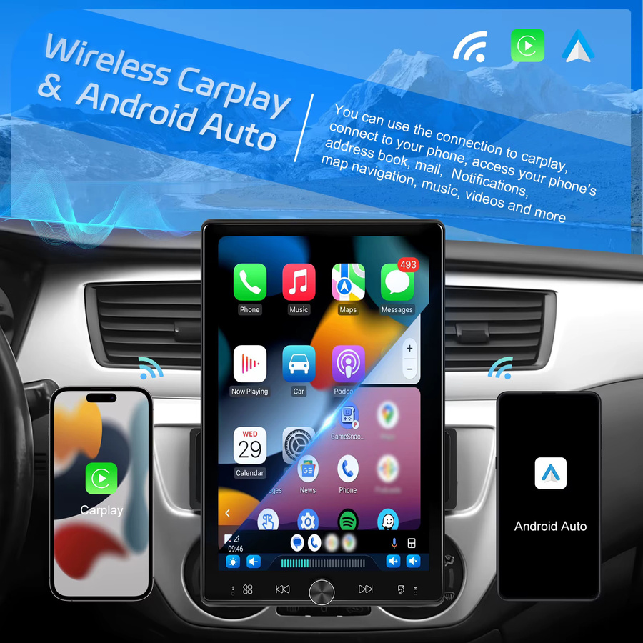Podofo 10,4 Zoll 1 Din Wireless CarPlay Autoradio mit drehbarem Bildschirm, Android Auto, MP5-Multimedia-Player, Mirrorlink und Bluetooth in Schwarz - Bild 4