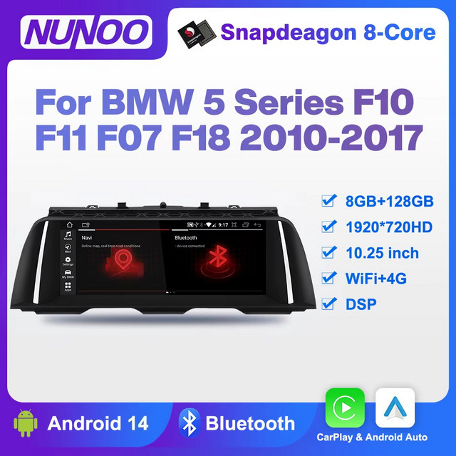 Nunoo Android 14 Multimedia-Player mit CarPlay und GPS für BMW 5er Serie F10 F11 F07 F18 (2010-2017), 8+128GB, Schwarz - Bild 1