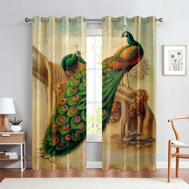 2er-Set Vintage Vorhänge mit Pfau-Blumenmuster, halbtransparent, Mehrfarbig, Breite: 50 cm, Höhe: 140 cm - Bild 1