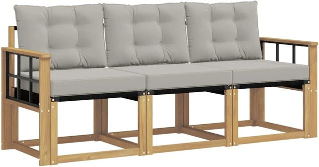 vidaXL Outdoor-Sofagarnitur 3-teilig aus Akazienholz mit Textilene und Kissen in Weiß-Hellgrau - Bild 1