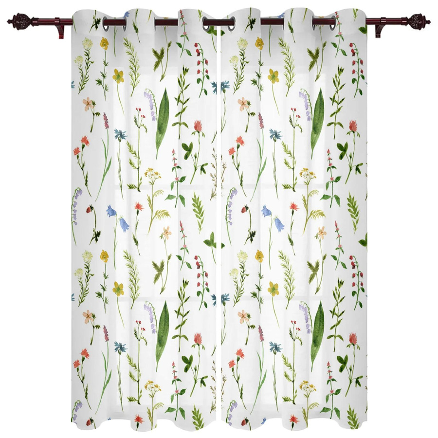 Weiße Vorhänge mit Blumen und Blättern im Aquarell-Design, halbtransparent, Breite: 135 cm, Höhe: 60 cm - Bild 1