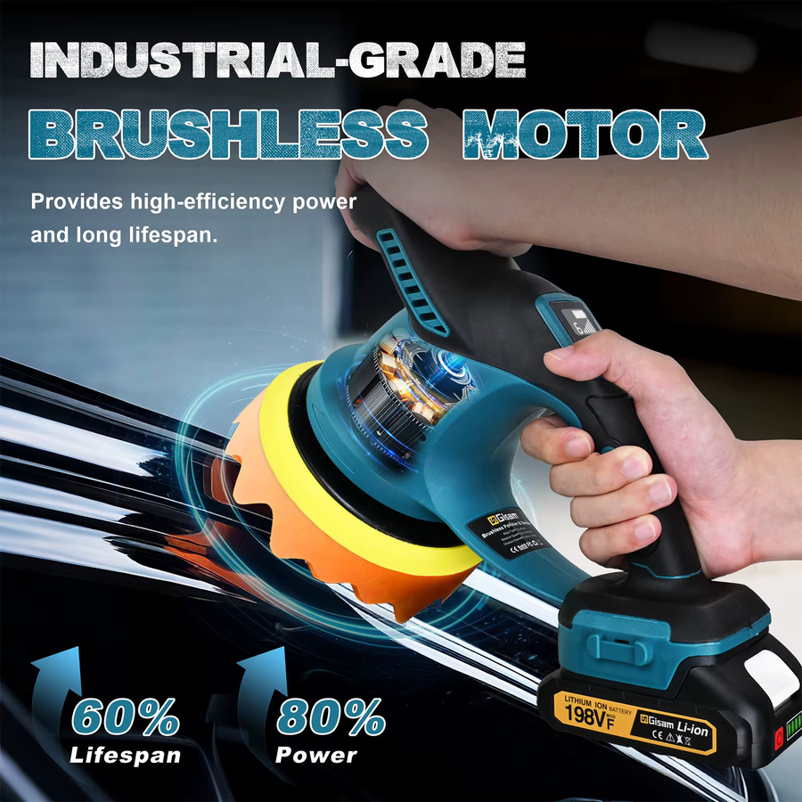 Gisam Bürstenloser kabelloser Auto-Polierer mit 6 Gängen in Blau, kompatibel mit Makita LXT 18V Akku - Bild 3
