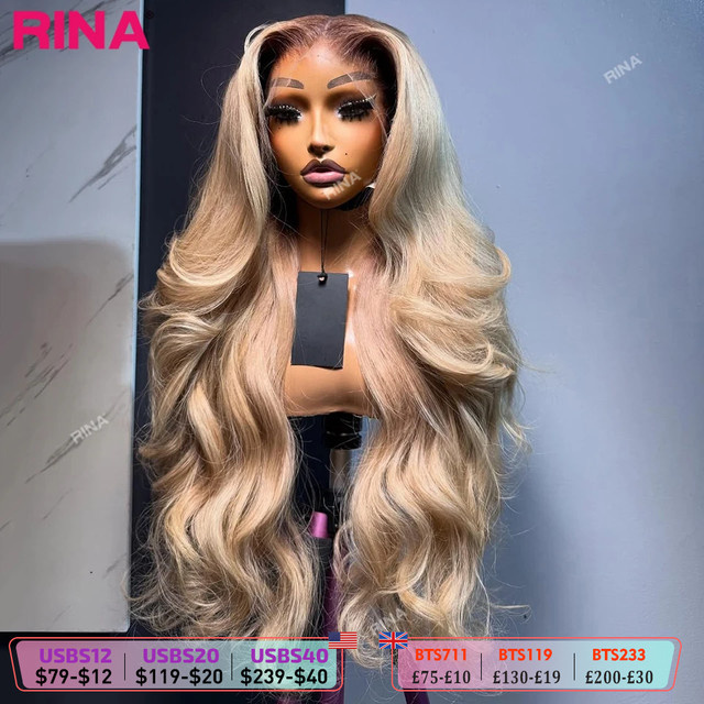 Rina Echthaar Perücke, Ombre Blonde, Dunkle Wurzel, Körperwelle, Damen - Bild 1