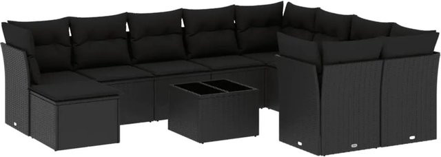 vidaXL 11-tlg Garten-Sofagarnitur in L-Form aus schwarzem Poly-Rattan mit UV-beständigen Kissen und pulverbeschichtetem Stahlgestell - Bild 1